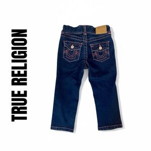 079 True Religion 24 Month Girl Dark Blue Jeans with Pink Stitching